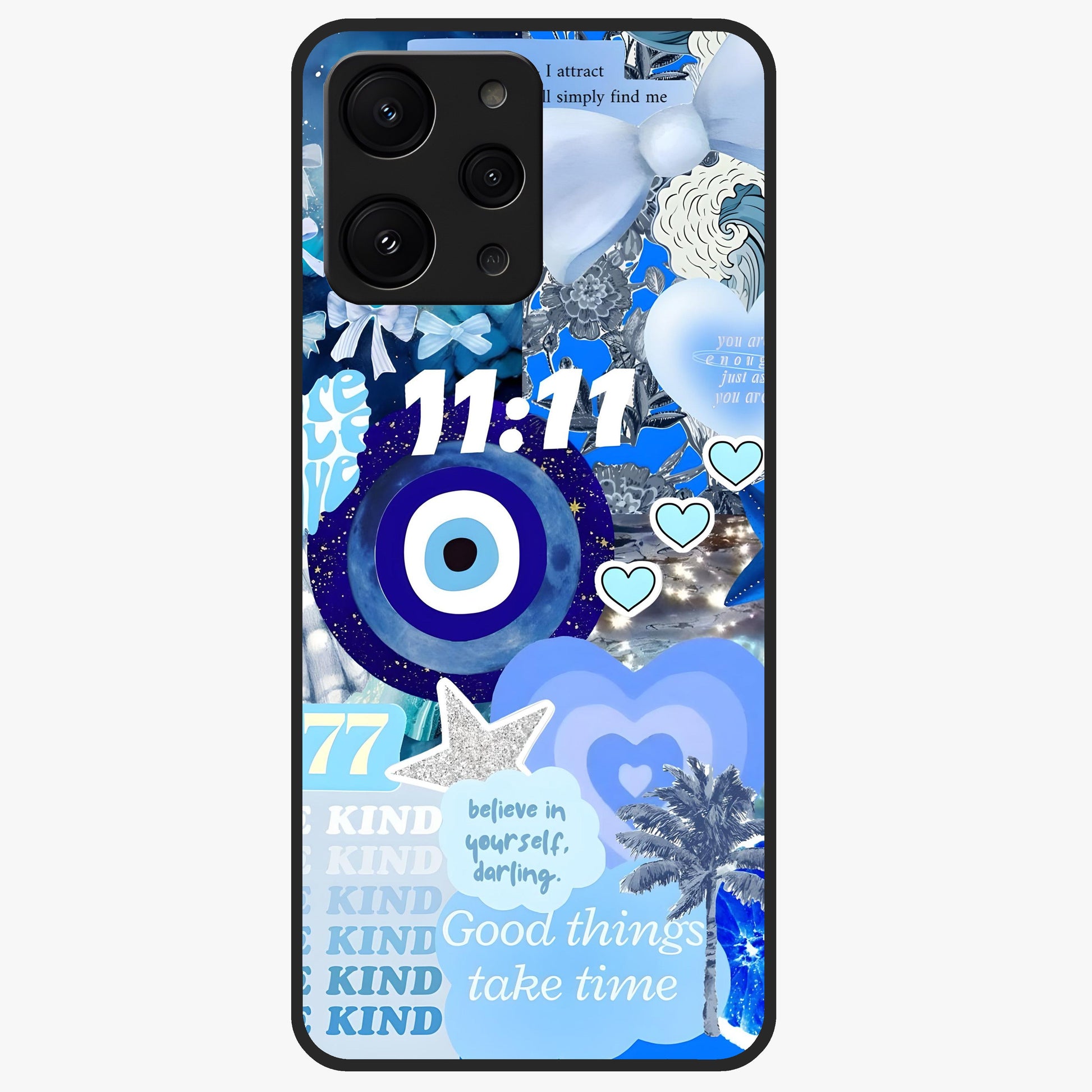 Aesthetic Be Kind Eye Glass Case showing flat back view with motivational eye artwork and glossy glass finish.