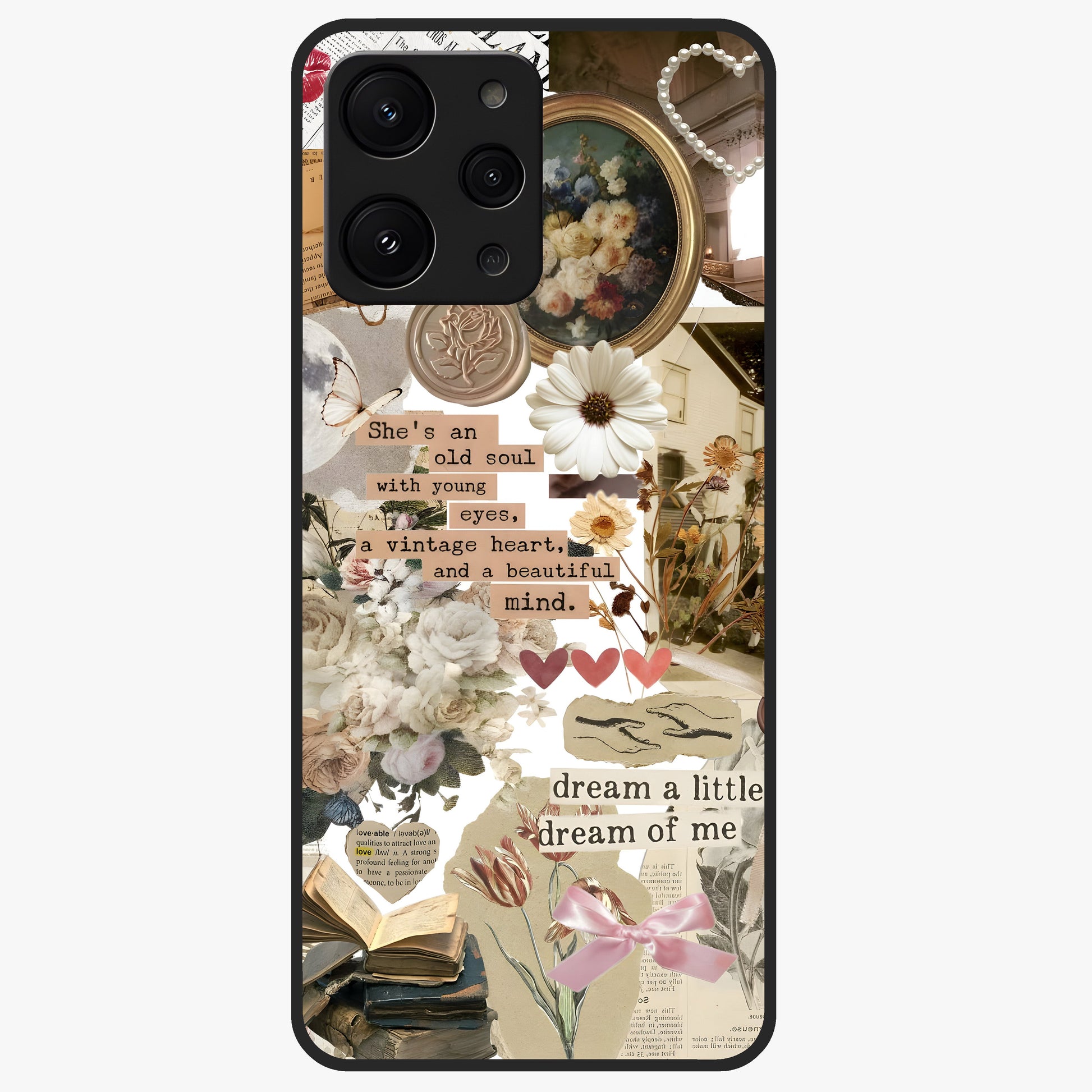 Aesthetic Brown Vintage Collage Glass Case showing flat back view with retro collage artwork and glossy glass finish.