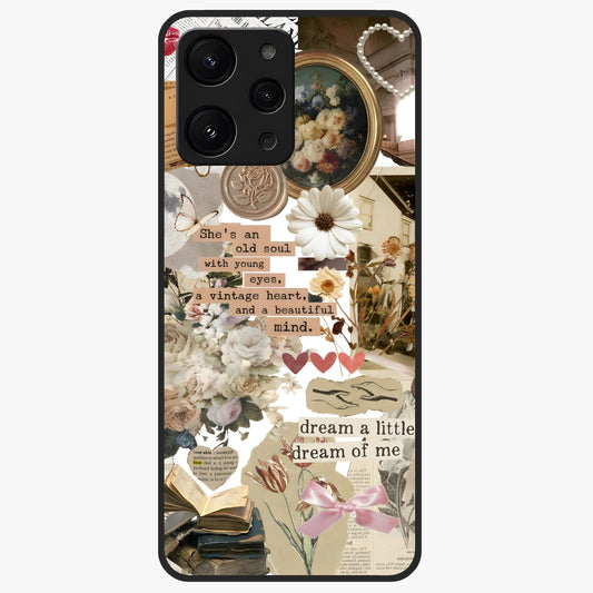 Aesthetic Brown Vintage Collage Glass Case showing flat back view with retro collage artwork and glossy glass finish.