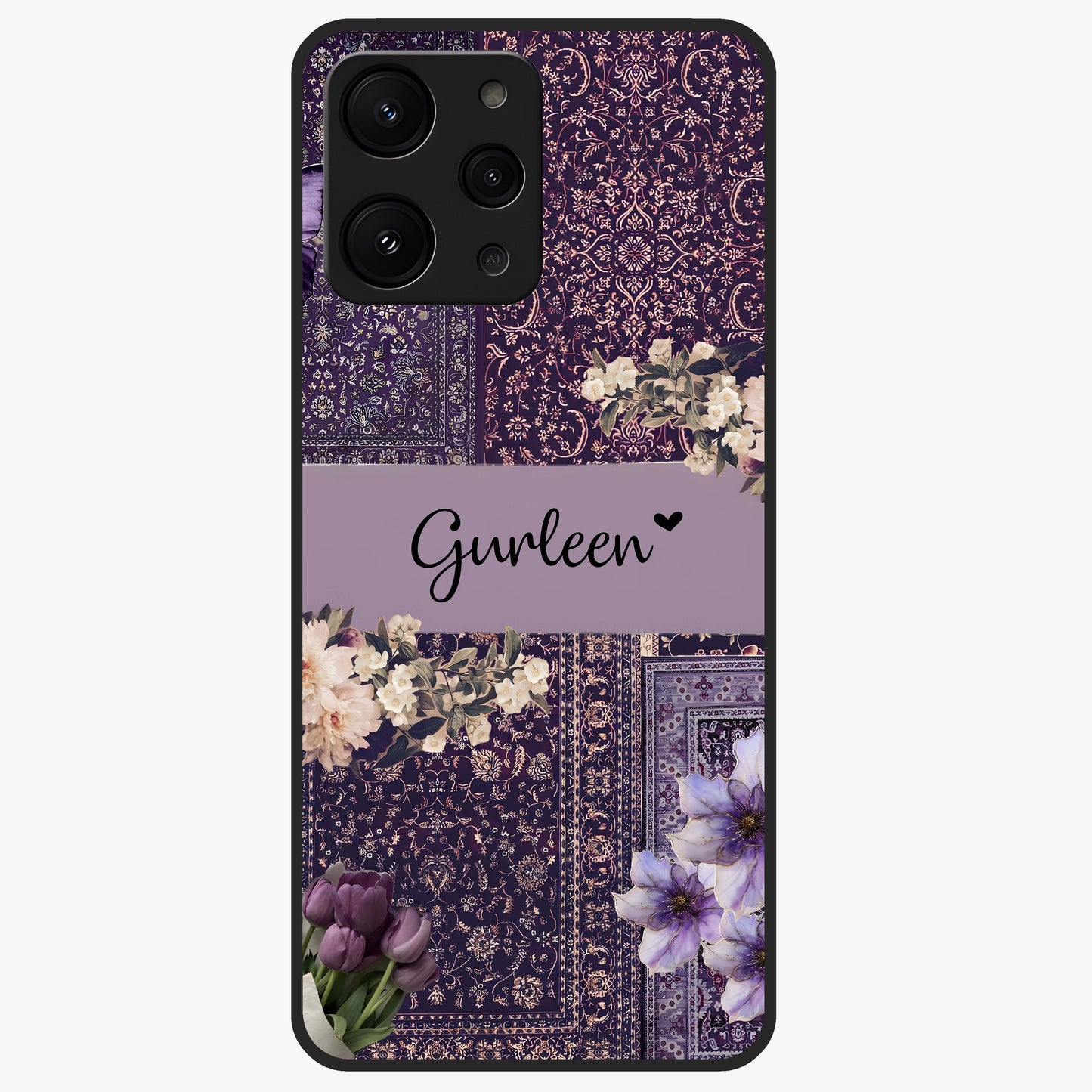 Antique Floral Whisper Custom Name Glass Case showing flat back view with vintage floral artwork and personalized name design.