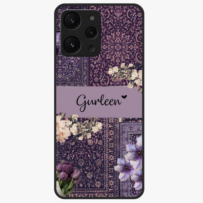 Antique Floral Whisper Custom Name Glass Case showing flat back view with vintage floral artwork and personalized name design.