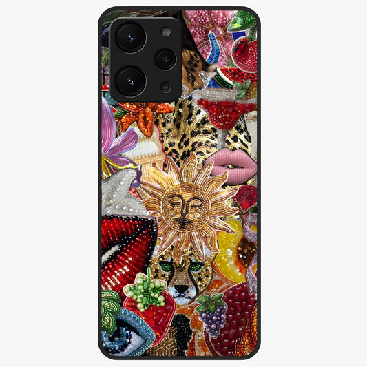 Beaded Fashion Jungle Glass Case showing flat back view with vibrant jungle inspired bead artwork and glossy glass finish.