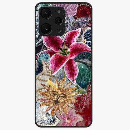 Beaded Garden Fantasy Glass Case showing flat back view with dreamy garden bead artwork and glossy glass finish.
