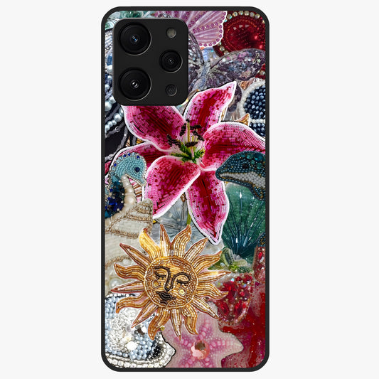 Beaded Garden Fantasy Glass Case showing flat back view with dreamy garden bead artwork and glossy glass finish.