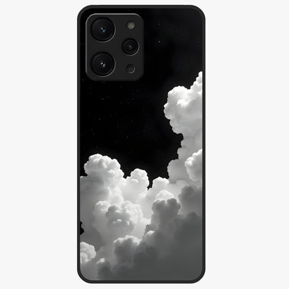 Black Background With White Cloud Glass Case showing flat back view with minimal cloud artwork on dark background and glossy glass finish.