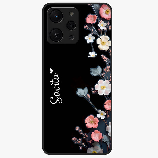 Black Elegance Floral Custom Name Glass Case showing flat back view with elegant floral artwork and personalized name design.