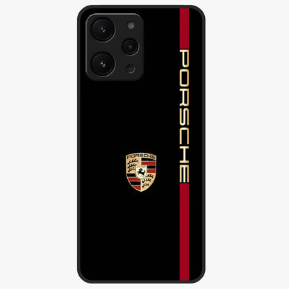 Black Minimal Porsche Glass Case showing flat back view with sleek minimal sports car artwork and glossy glass finish.