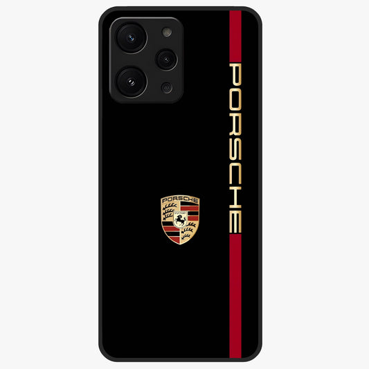 Black Minimal Porsche Glass Case showing flat back view with sleek minimal sports car artwork and glossy glass finish.