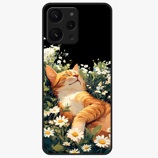 Blissful Bloom Cat Glass Case showing flat back view with cute cat and floral bloom artwork and glossy glass finish.