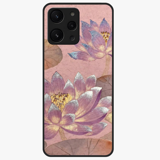 Blossom Mist Lotus Glass Case showing flat back view with serene lotus blossom artwork and glossy glass finish.