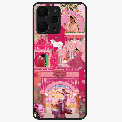 Blossoms of Rajasthan Glass Case showing flat back view with traditional floral artwork inspired by Rajasthan and glossy glass finish.