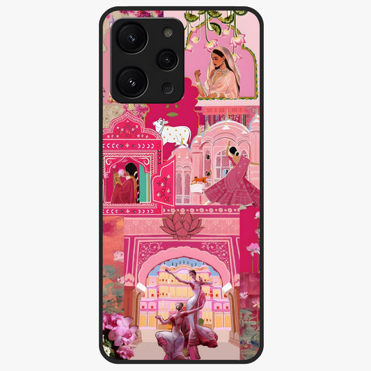 Blossoms of Rajasthan Glass Case showing flat back view with traditional floral artwork inspired by Rajasthan and glossy glass finish.