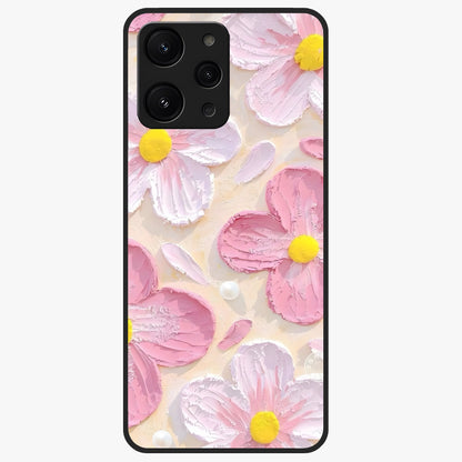 Blush Bloom Texture Glass Case showing flat back view with soft blush floral texture artwork and glossy glass finish.