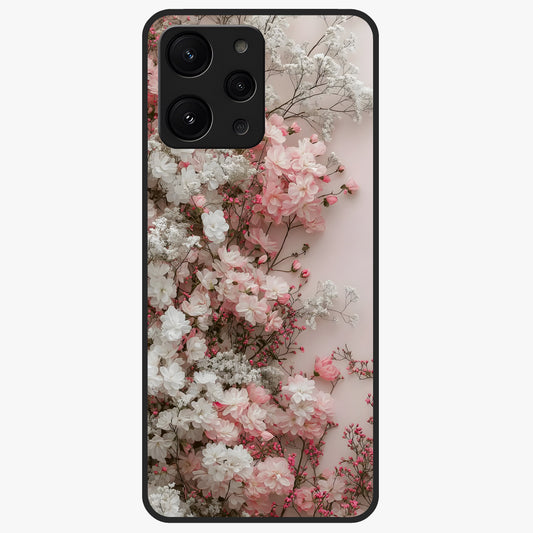 Blush Blossom Cloud Glass Case showing flat back view with dreamy blush cloud blossom artwork and glossy glass finish.