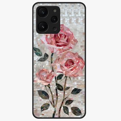 Blush Mosaic Bloom Glass Case showing flat back view with mosaic floral bloom artwork and glossy glass finish.