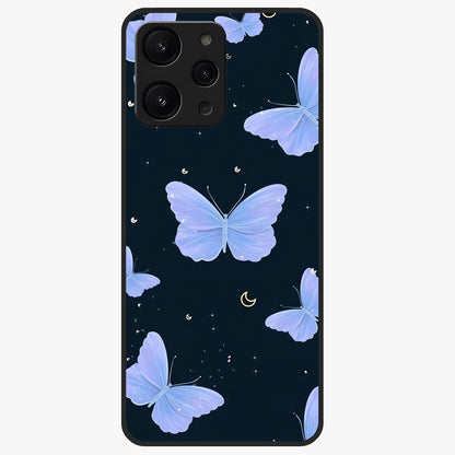 Butterfly With Stars Pattern Glass Case showing flat back view with butterfly and star pattern artwork and glossy glass finish.