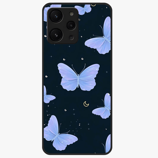 Butterfly With Stars Pattern Glass Case showing flat back view with butterfly and star pattern artwork and glossy glass finish.