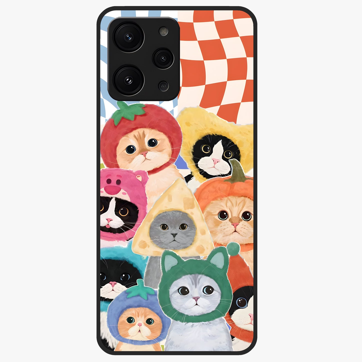 Cats in Fruits Glass Case showing flat back view with playful cat illustrations inside fruit artwork and glossy glass finish.