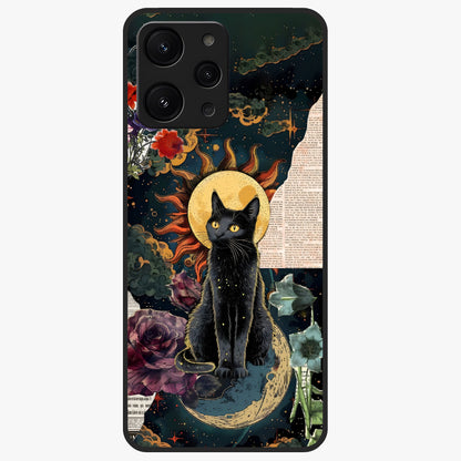 Celestial Black Cat Glass Case showing flat back view with mystical black cat artwork and glossy glass finish.