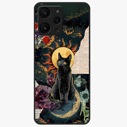 Celestial Black Cat Glass Case showing flat back view with mystical black cat artwork and glossy glass finish.
