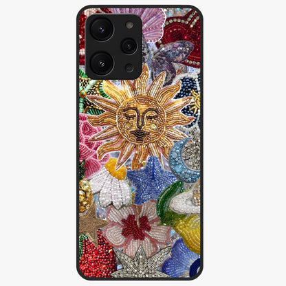 Celestial Floral and Playful Glass Case showing flat back view with floral and celestial themed artwork and glossy glass finish.