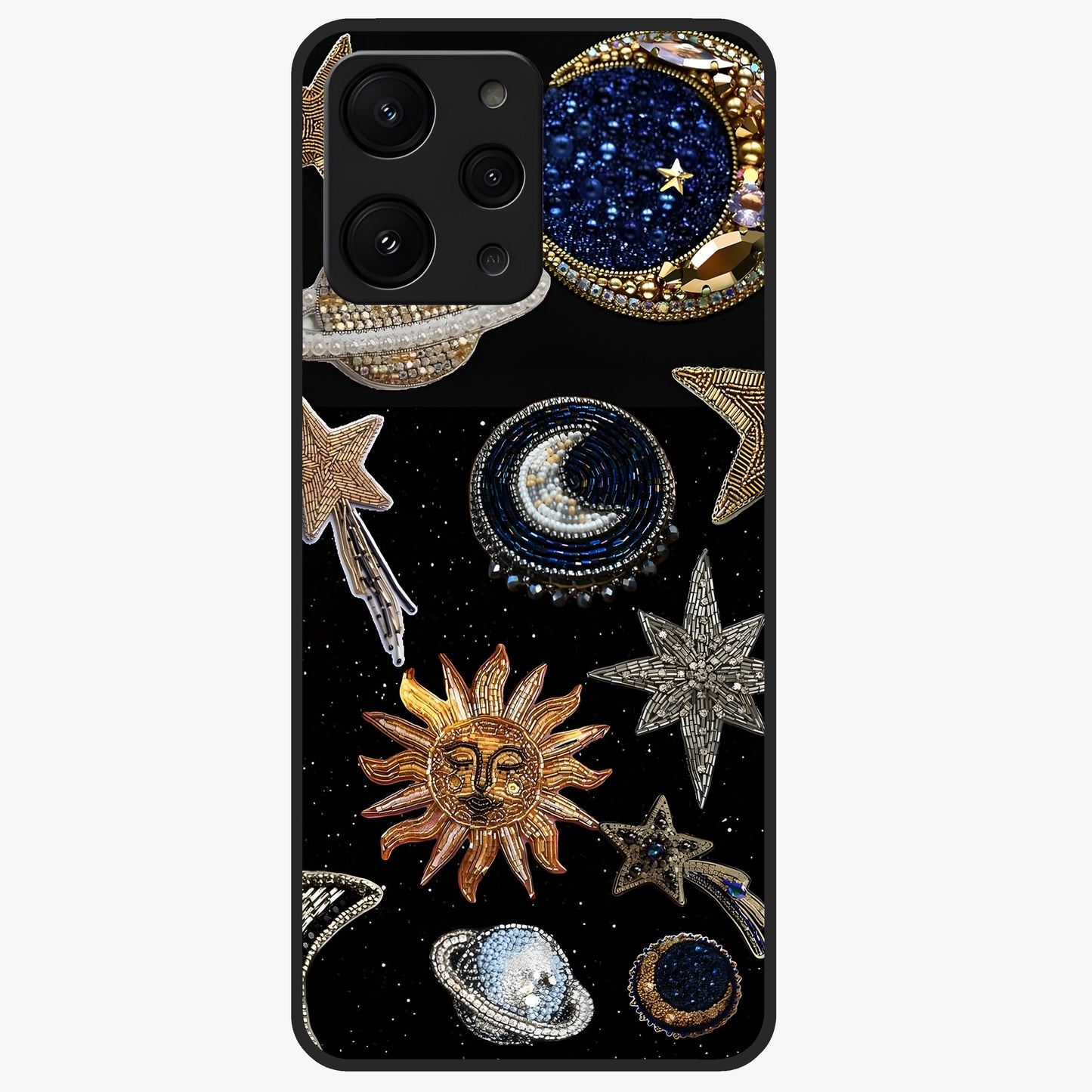 Celestial Gem Constellations Glass Case showing flat back view with sparkling constellation artwork and glossy glass finish.