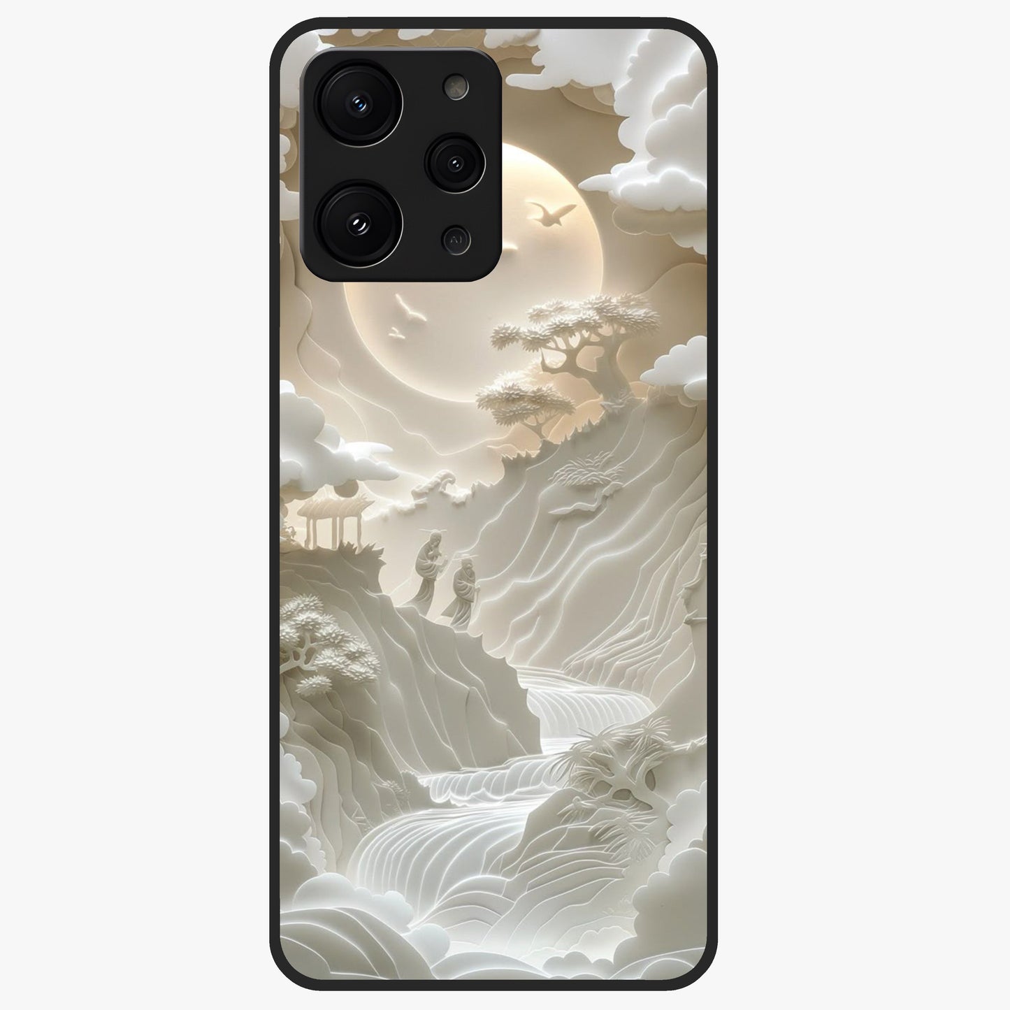 Celestial Origami Glass Case showing flat back view with artistic origami inspired celestial artwork and glossy glass finish.