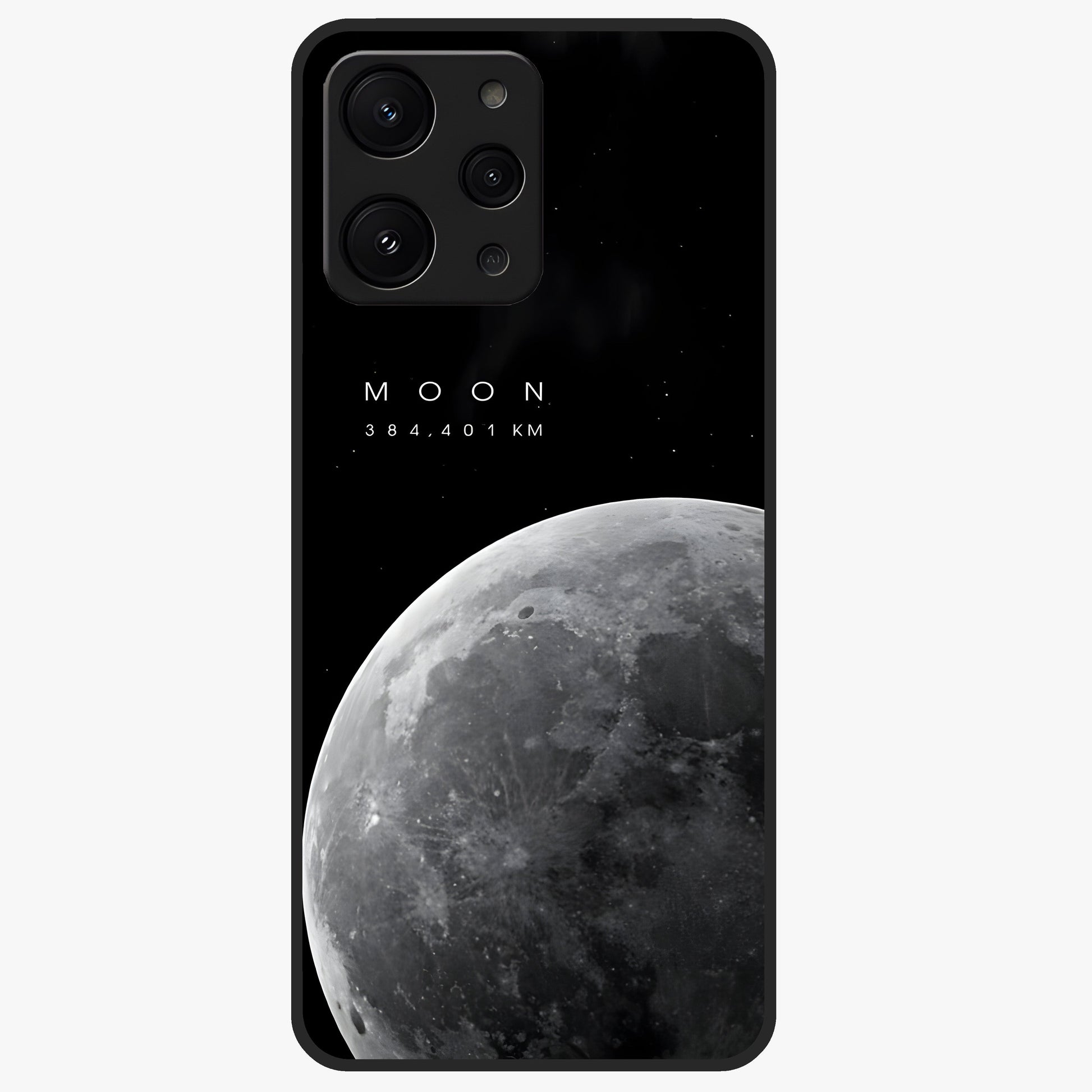 Cosmic Moon Glow Glass Case showing flat back view with glowing moon artwork and glossy glass finish.