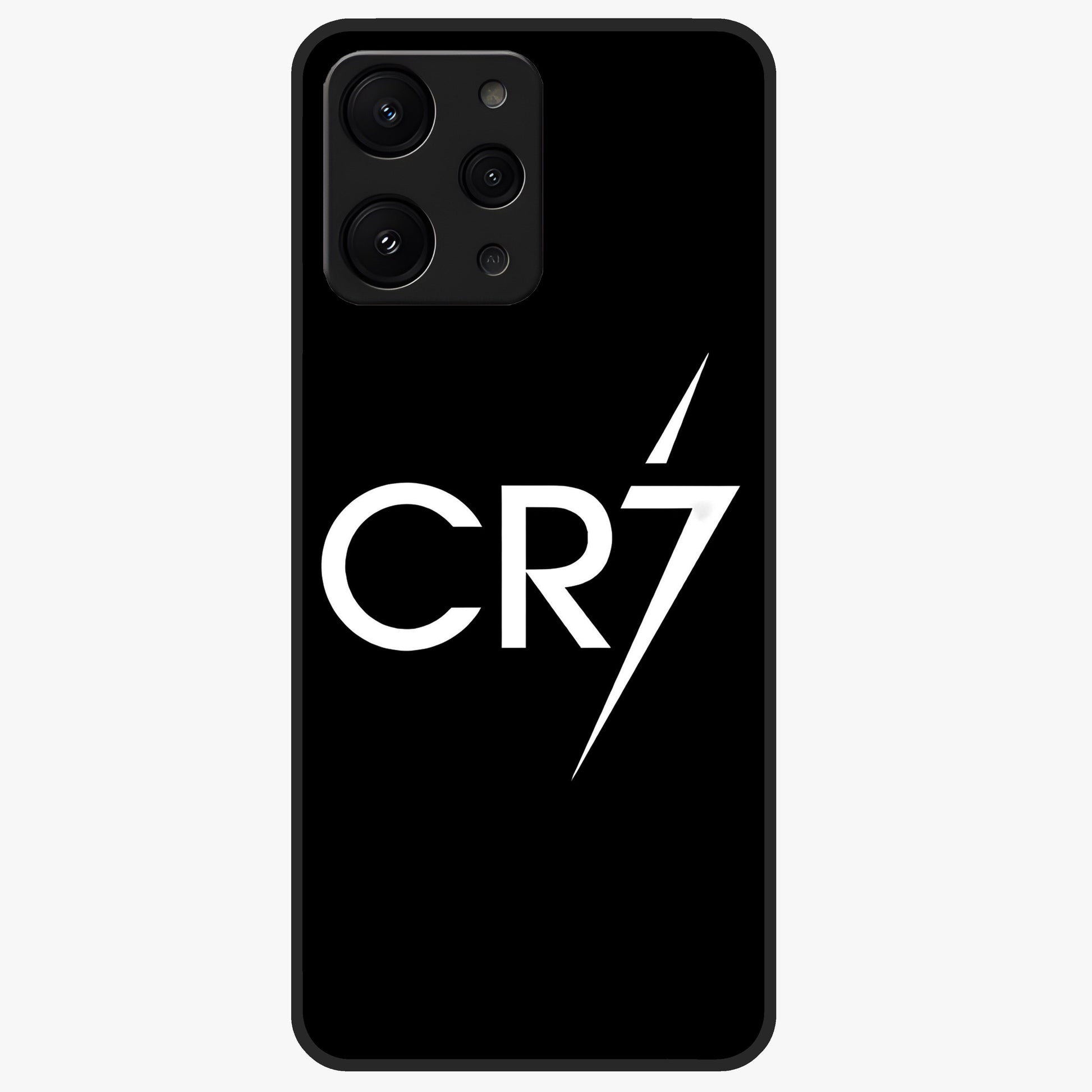 Cr7 Elite Strike Glass Case showing flat back view with dynamic football inspired artwork and glossy glass finish.