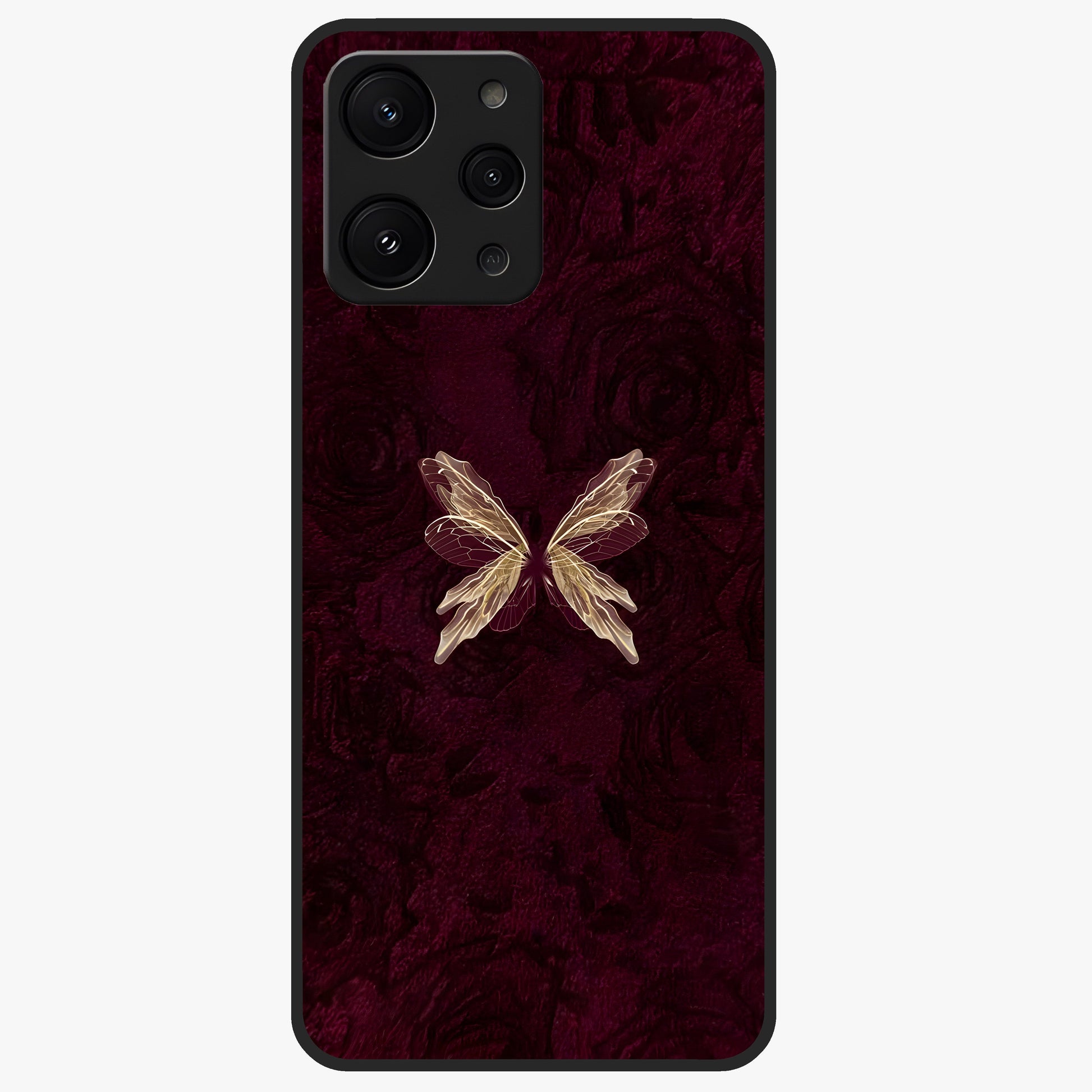 Crimson Fade Butterfly Glass Case showing flat back view with fading butterfly artwork and glossy glass finish.