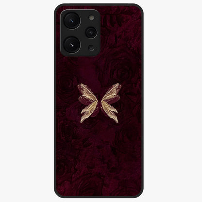 Crimson Fade Butterfly Glass Case showing flat back view with fading butterfly artwork and glossy glass finish.