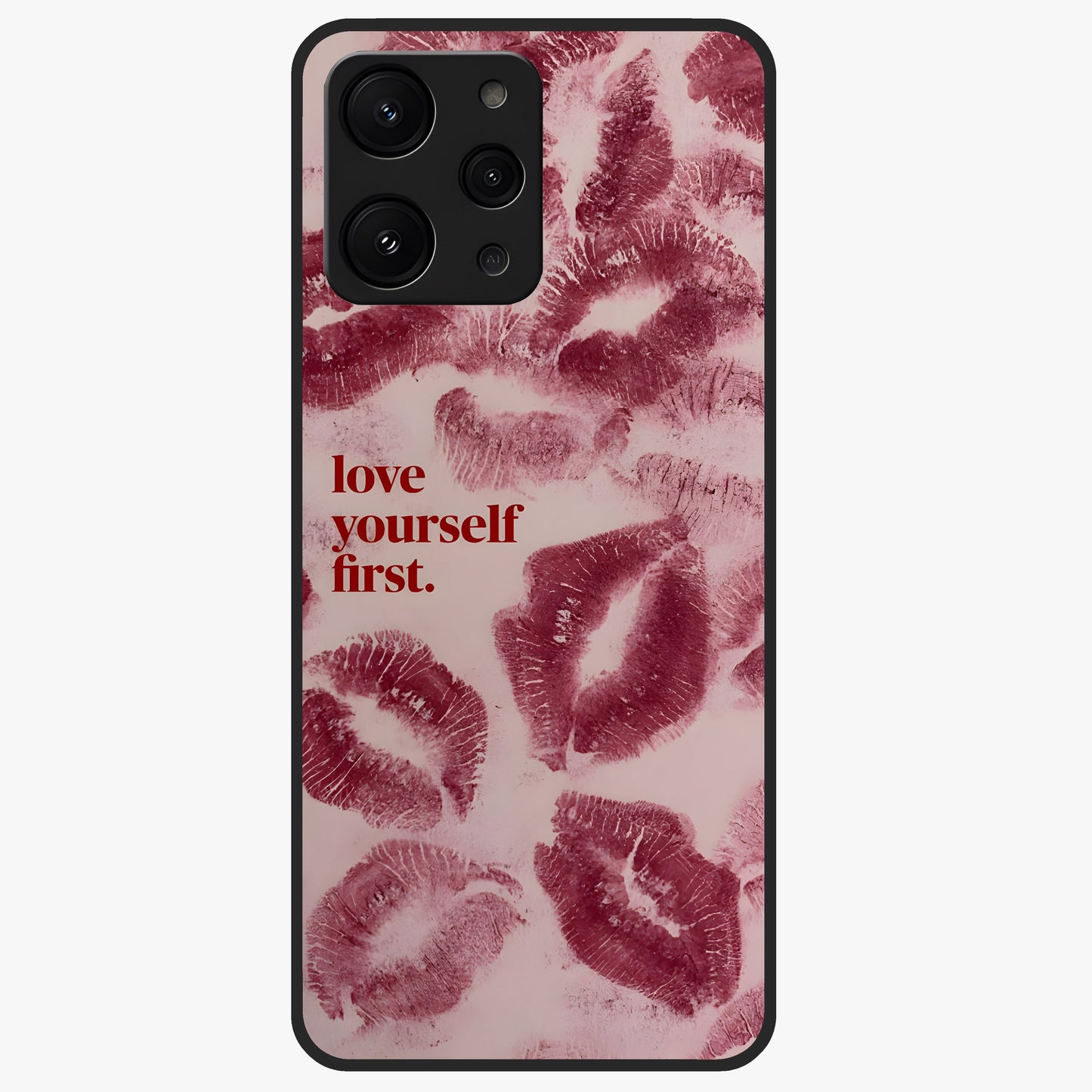 Crimson Kiss Love Glass Case showing flat back view with romantic crimson themed artwork and glossy glass finish.