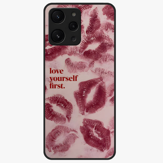 Crimson Kiss Love Glass Case showing flat back view with romantic crimson themed artwork and glossy glass finish.
