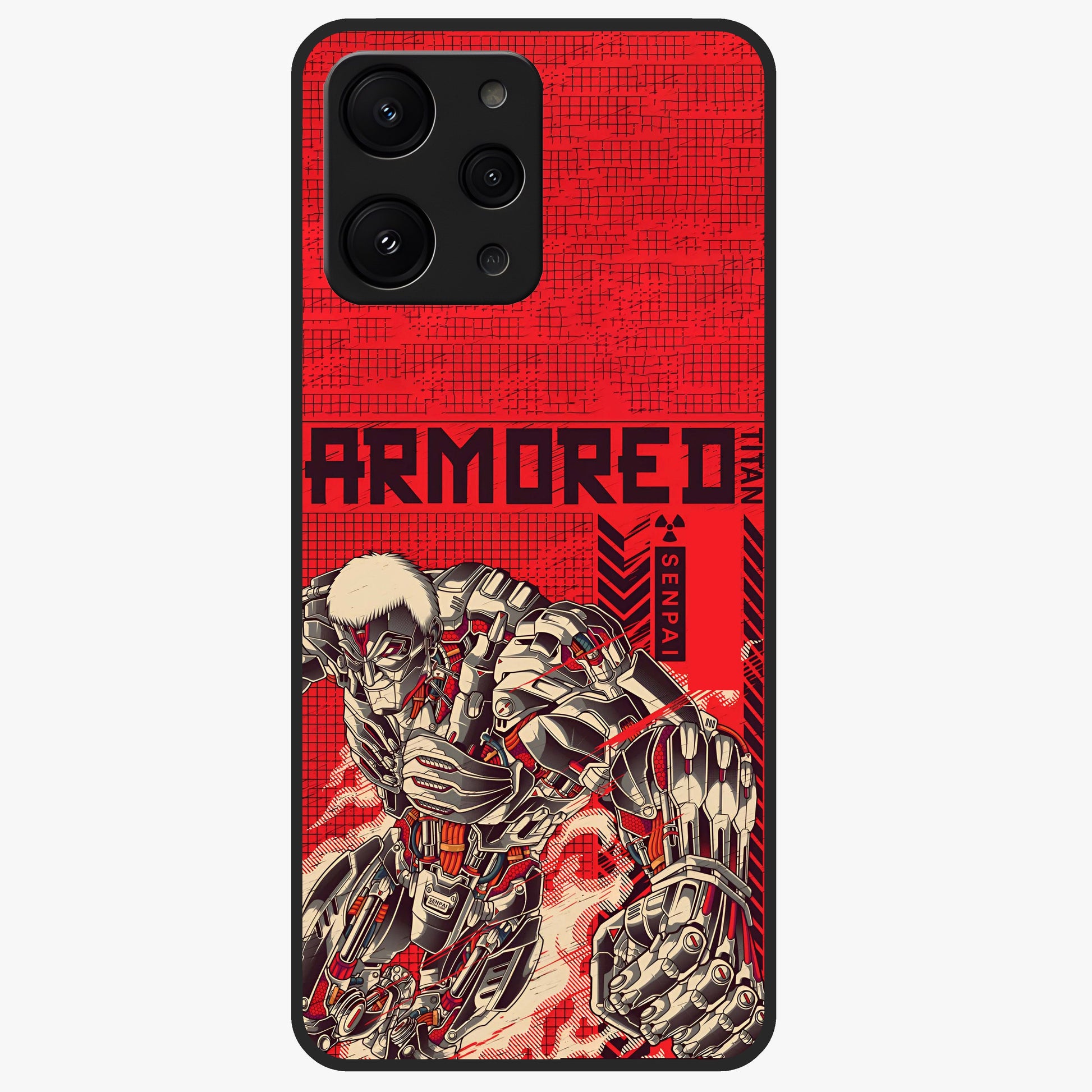 Crimson Mecha Titan Glass Case showing flat back view with powerful mech titan artwork and glossy glass finish.