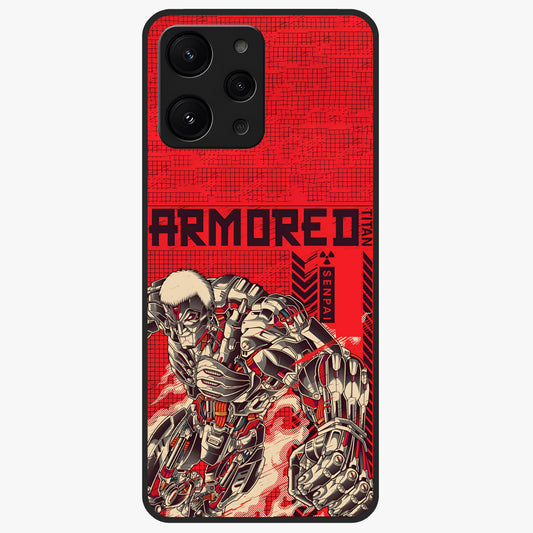 Crimson Mecha Titan Glass Case showing flat back view with powerful mech titan artwork and glossy glass finish.