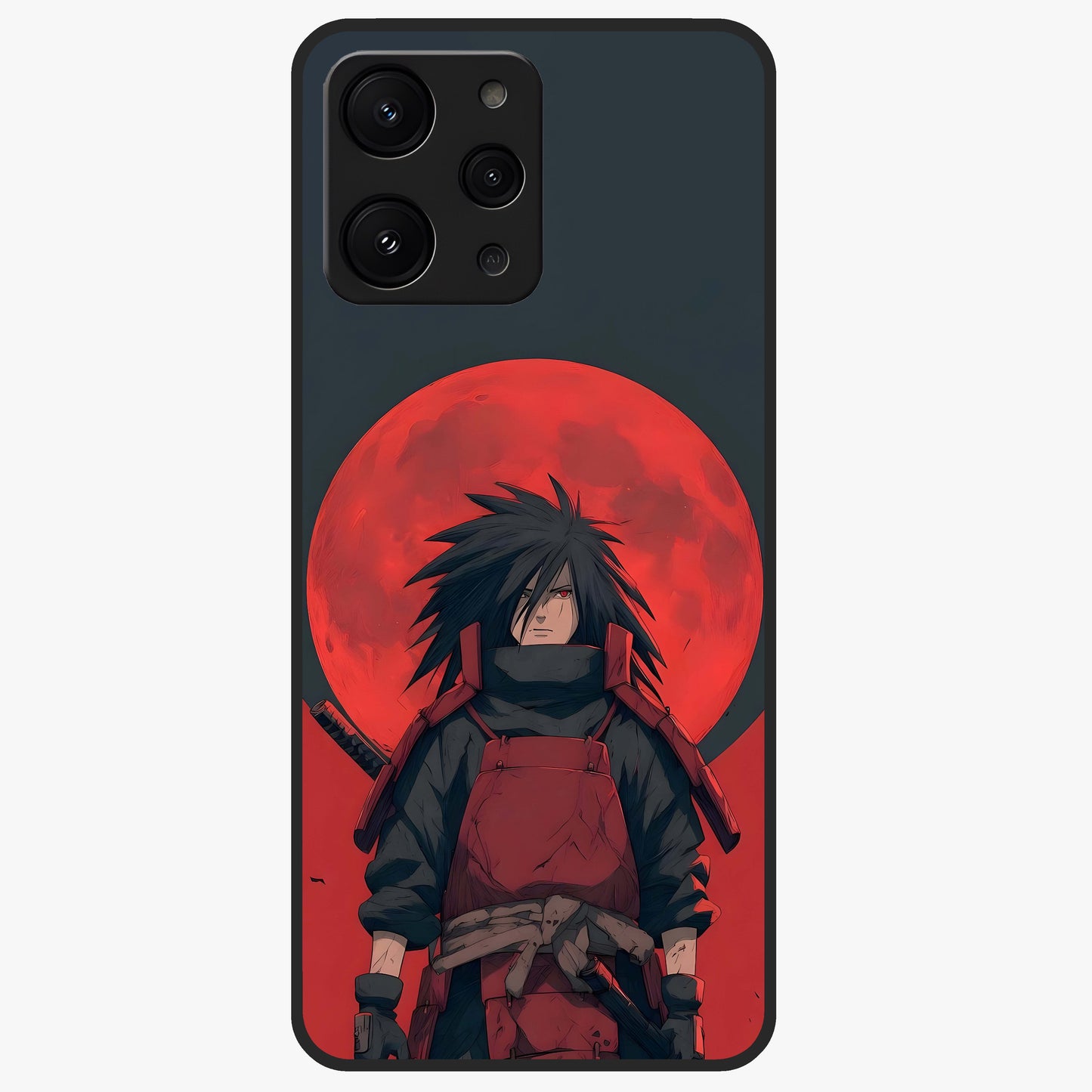 Crimson Moon Warlord Glass Case showing flat back view with mystical moon warrior artwork and glossy glass finish.