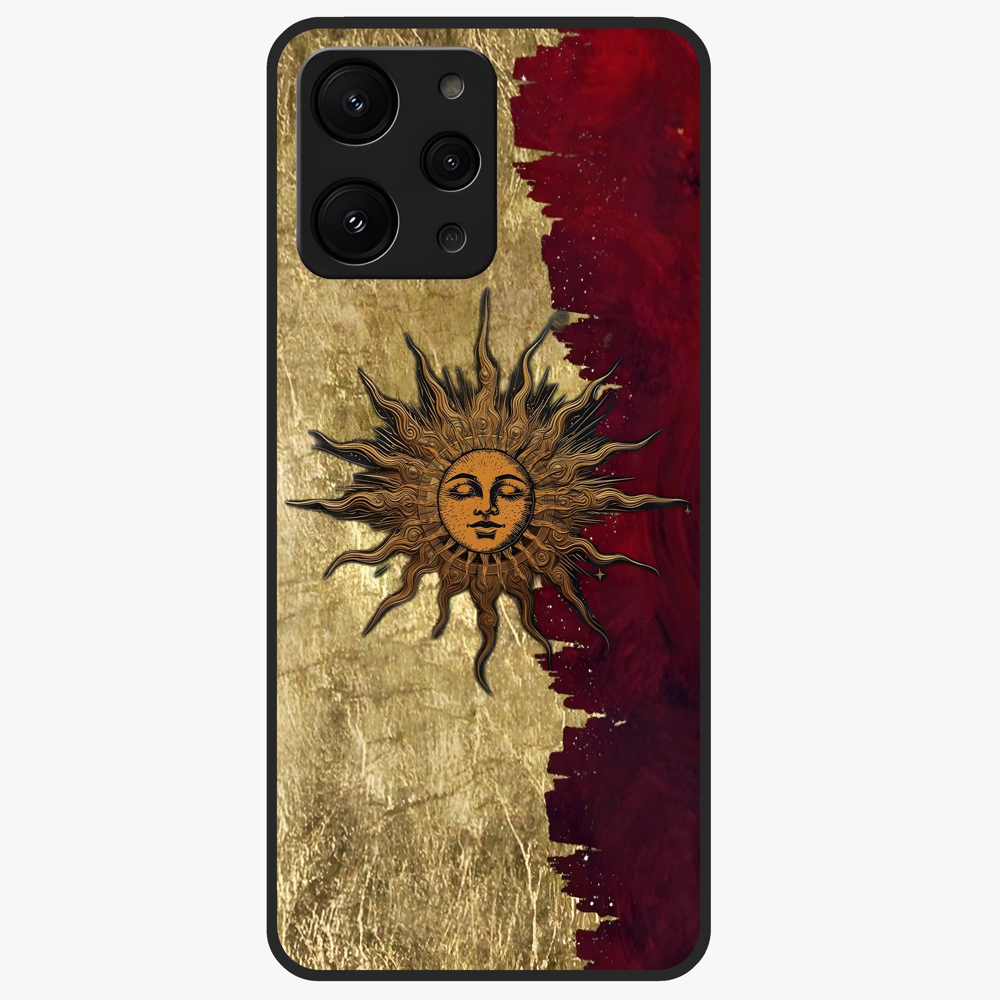 Crimson Sun Majesty Glass Case showing flat back view with radiant sun inspired artwork and glossy glass finish.