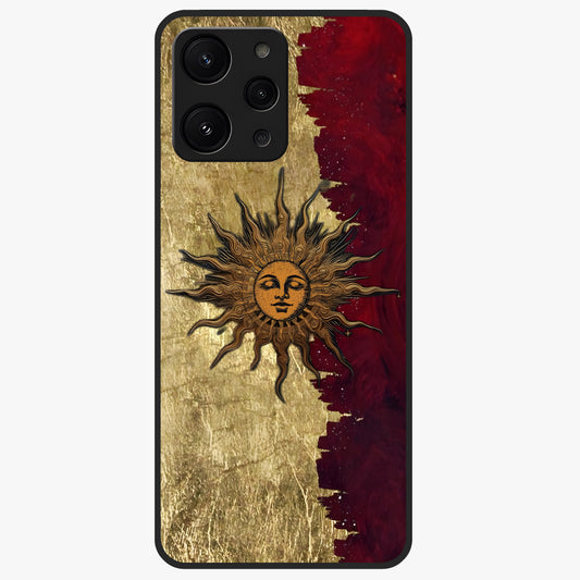 Crimson Sun Majesty Glass Case showing flat back view with radiant sun inspired artwork and glossy glass finish.