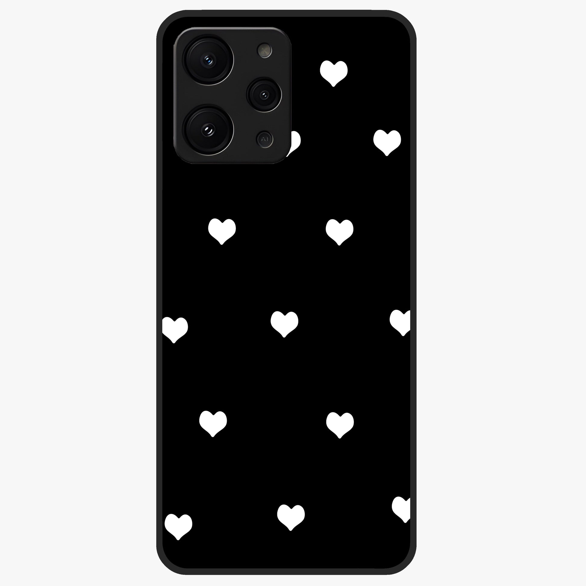 Cute And Simple White Hearts Glass Case showing flat back view with minimal white heart pattern and glossy glass finish.