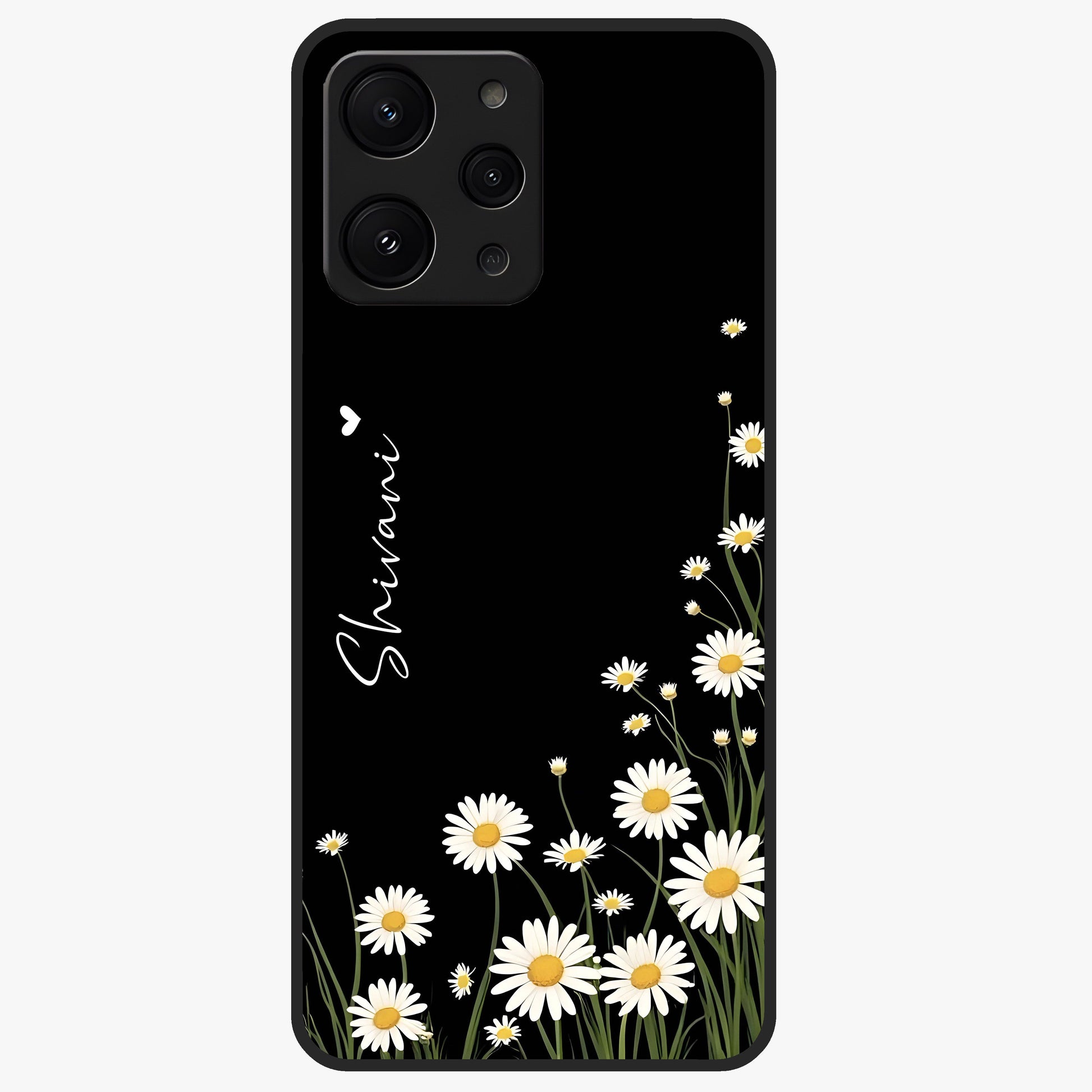 Daisy Cascade Custom Name Glass Case showing flat back view with cascading daisy flowers and personalized name design.