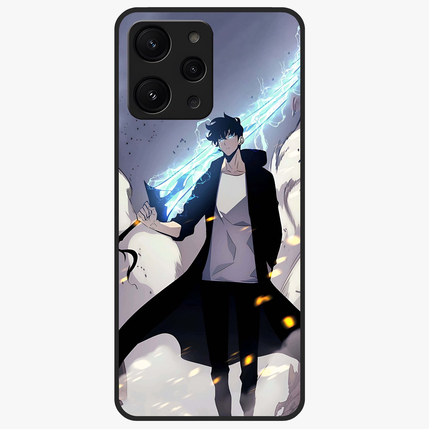Dark Lightning Anime Warrior Glass Case showing flat back view with intense anime warrior artwork and glossy glass finish.