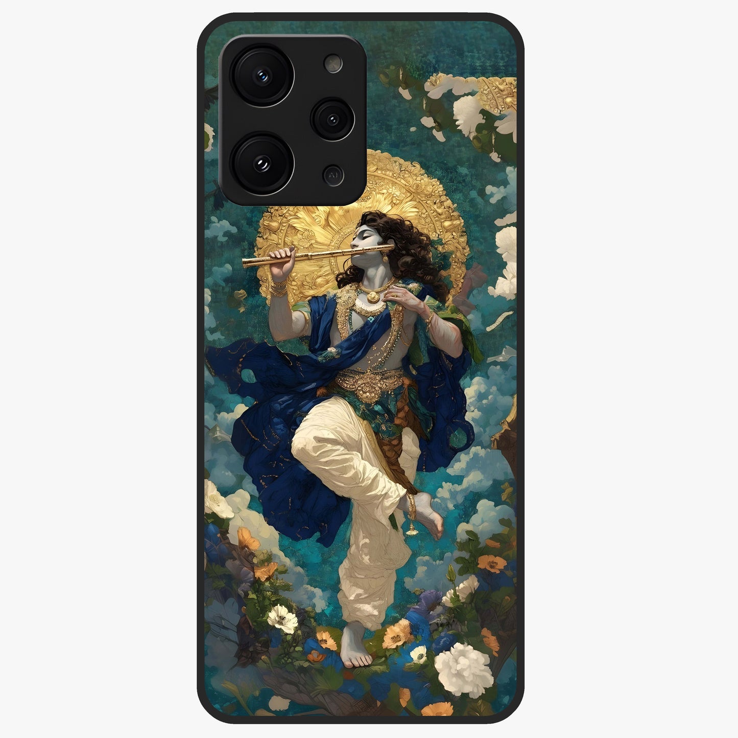 Divine Krishna Art Glass Case showing flat back view with Lord Krishna artwork and glossy glass finish.