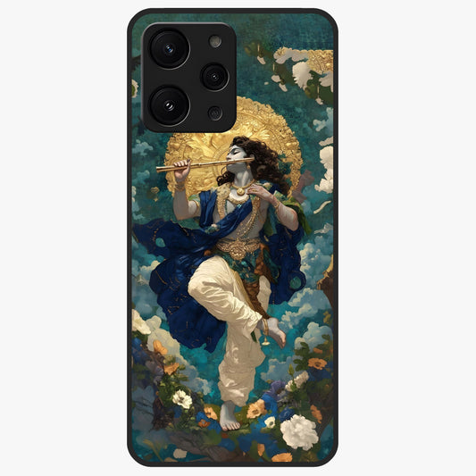 Divine Krishna Art Glass Case showing flat back view with Lord Krishna artwork and glossy glass finish.