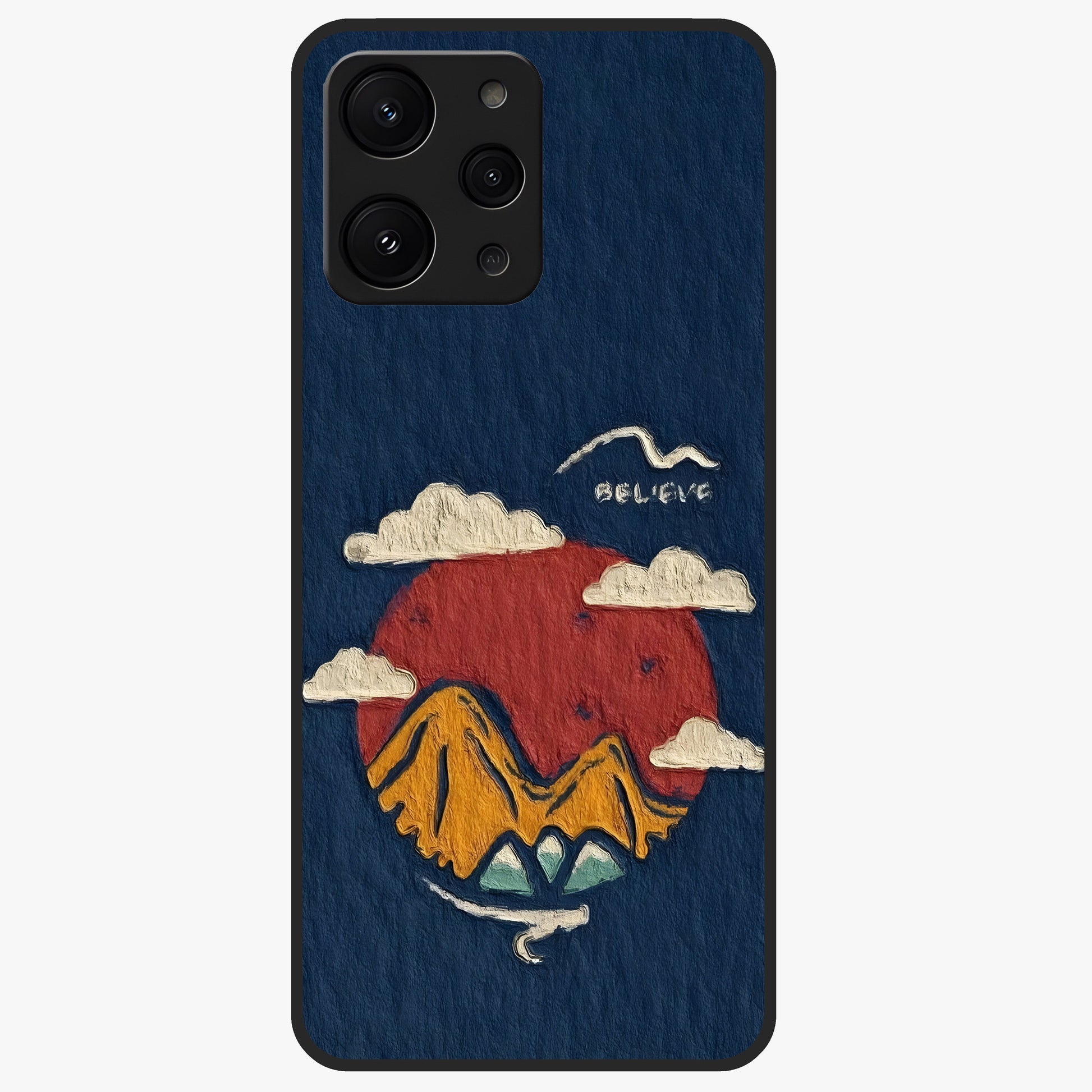 Dream Beyond Mountains Glass Case showing flat back view with scenic mountain landscape artwork and glossy glass finish.
