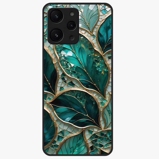 Emerald Leaf Glass Glass Case showing flat back view with emerald green leaf artwork and glossy glass finish.