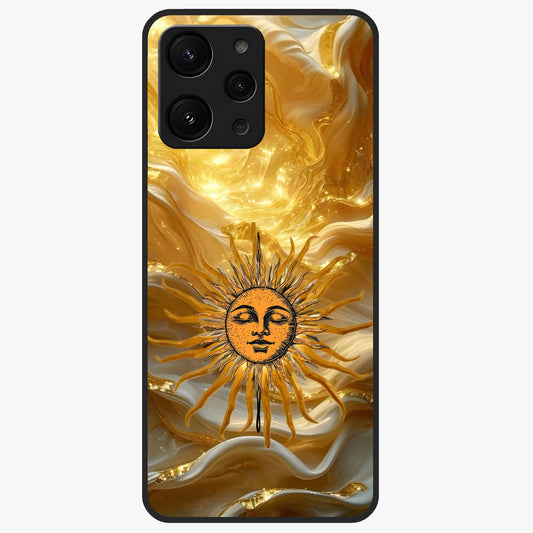 Eternal Golden Glow Glass Case showing flat back view with radiant golden themed artwork and glossy glass finish.