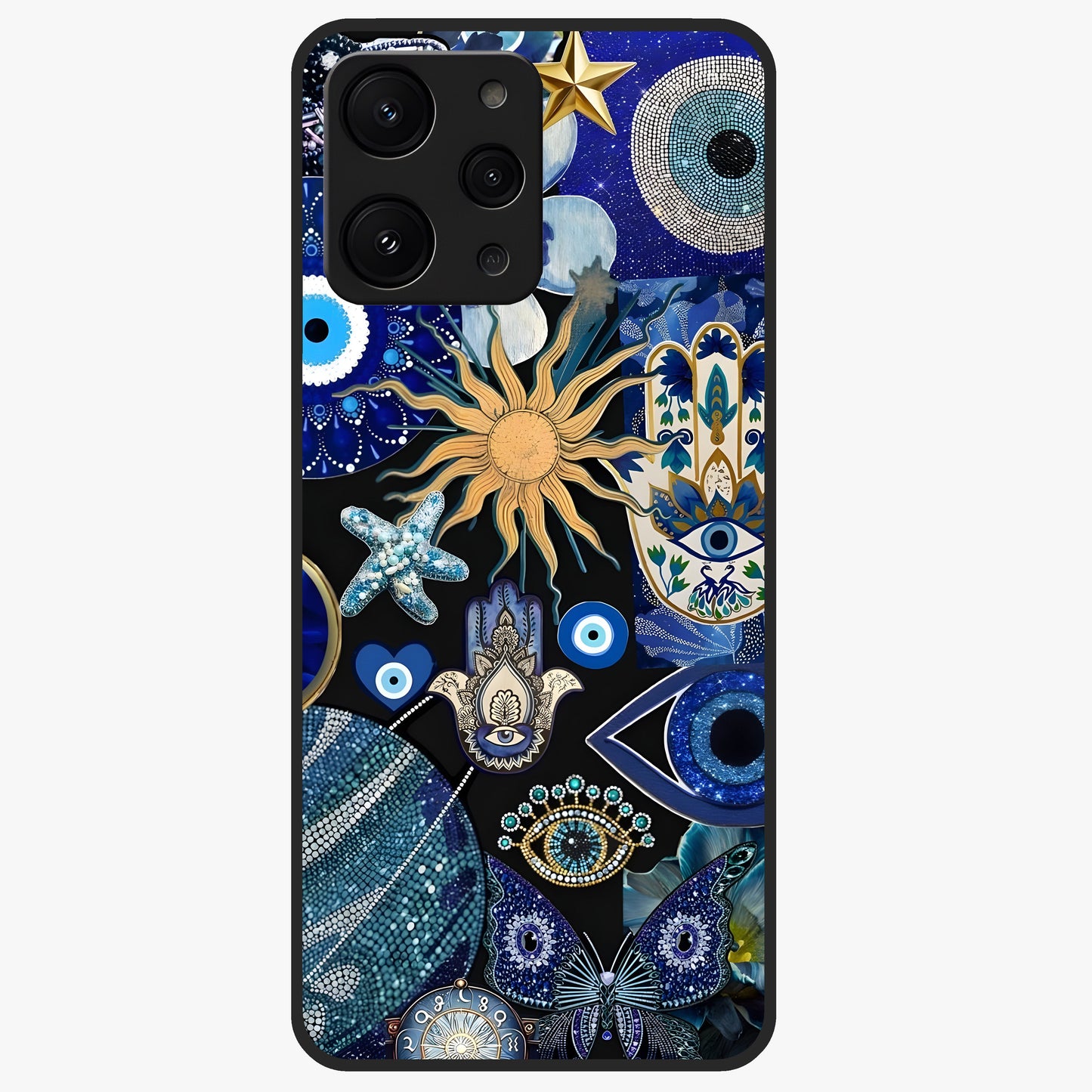 Evil Eye Charm Mix Glass Case showing flat back view with multiple evil eye charms artwork and glossy glass finish.