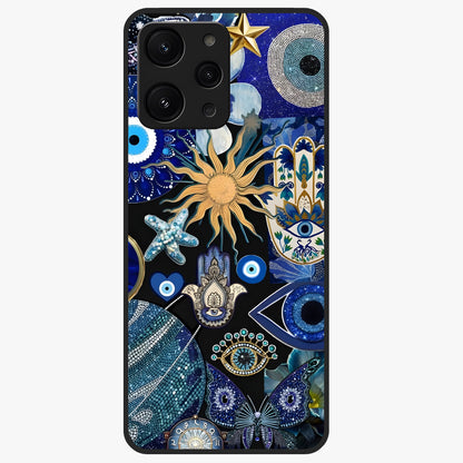 Evil Eye Charm Mix Glass Case showing flat back view with multiple evil eye charms artwork and glossy glass finish.
