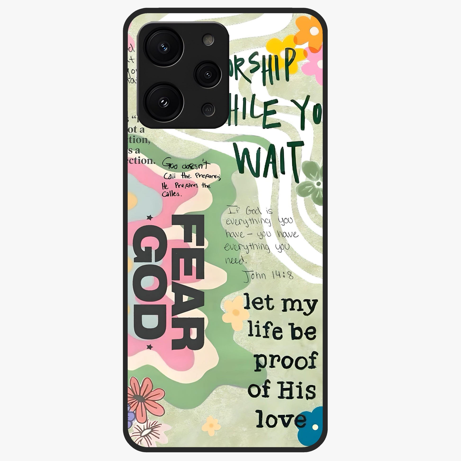 Faith Over Fear Glass Case showing flat back view with motivational typography artwork and glossy glass finish.