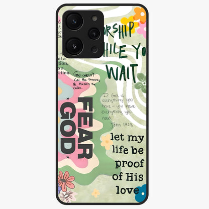 Faith Over Fear Glass Case showing flat back view with motivational typography artwork and glossy glass finish.